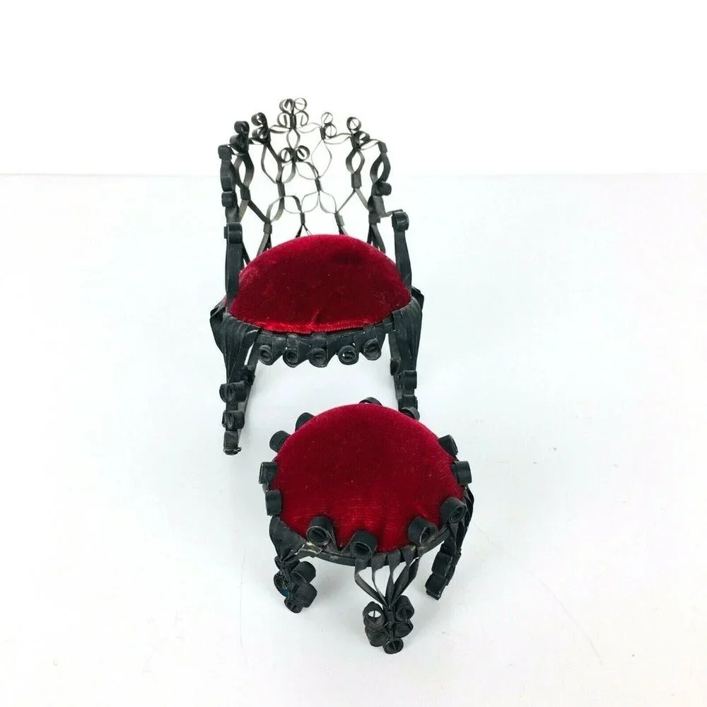Vtg Tin Can Rocking Chair Ottoman Victorian Dollhouse Furniture Folk Tra… - Picture 4 of 9